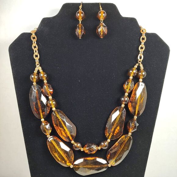 Amber Tone Necklace Earrings Set Faceted Beads Gold Chain Statement 16" - 19" - Picture 2 of 16